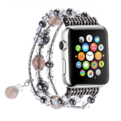 Newest Apple Watch 3/2/1 Replacement Band, Fashion Beaded Bracelet, Cool Birthday Wedding for Women Girls, Apple Watch Series 38mm/42mm (Gray - 42mm)