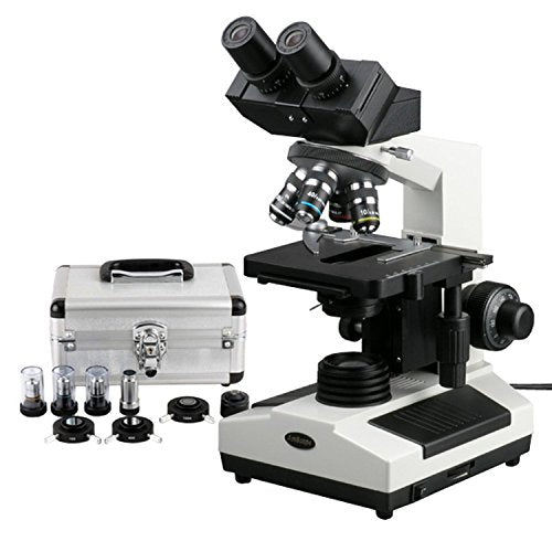 AmScope B390A-PCS Compound Binocular Microscope, 40X-1600X Brightfield Magnification, 100X-1600X Phase-Contrast Magnification, Halogen Illumination, Abbe Condenser, Double-Layer Mechanical Stage