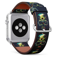 S-Type iWatch Leather Strap Printing Wristbands for Apple Watch 4/3/2/1 Sport Series (42mm) - Adventure Tropical Graphic with Scary Skull, Palm Trees and Sunset
