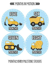 Load image into Gallery viewer, Baby Monthly Stickers - Monthly Milestone Stickers - Baby Month Stickers for Boy - Construction Trucks
