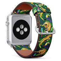 S-Type iWatch Leather Strap Printing Wristbands for Apple Watch 4/3/2/1 Sport Series (42mm) - Tropical Pattern with Exotic Birds and Leopard Wildlife Safari