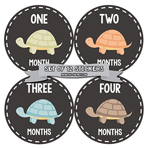 Months In Motion Gender Neutral Baby Month Stickers - Monthly Milestone Sticker for Boy or Girl - Onesie Month Sticker - Shower Gift - Newborn Keepsakes - Unisex - Turtles