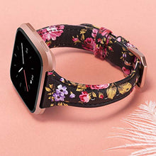 Load image into Gallery viewer, TOYOUTHS Leather Strap Compatible with Fitbit Versa/Versa 2 Bands Women Men Slim Genuine Leather Wristbands Replacement for Versa Lite Edition/Versa SE Classic Accessorie (Black/Pink Floral)
