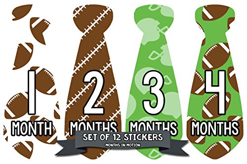 Months In Motion Monthly Baby Tie Stickers - Boy Month Milestone Necktie Sticker - Onesie Month Sticker - Infant Photo Prop for First Year - Shower Gift - Newborn Keepsakes- Football