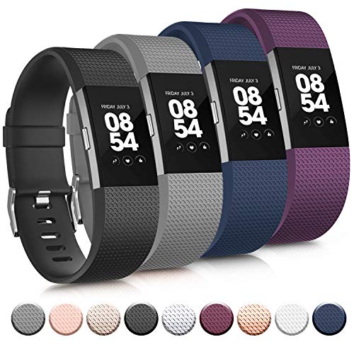 Tobfit Sport Silicone Bands Compatible for Fitbit Charge 2 Classic & Special Edition, 4 Pack, Black/Plum/Blue/Grey, Small
