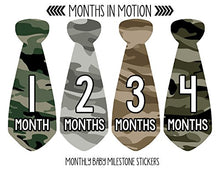 Load image into Gallery viewer, Months In Motion Monthly Baby Tie Stickers - Boy Month Milestone Necktie Sticker - Onesie Month Sticker - Infant Photo Prop for First Year - Shower Gift - Newborn Keepsakes - Camo Camouflage
