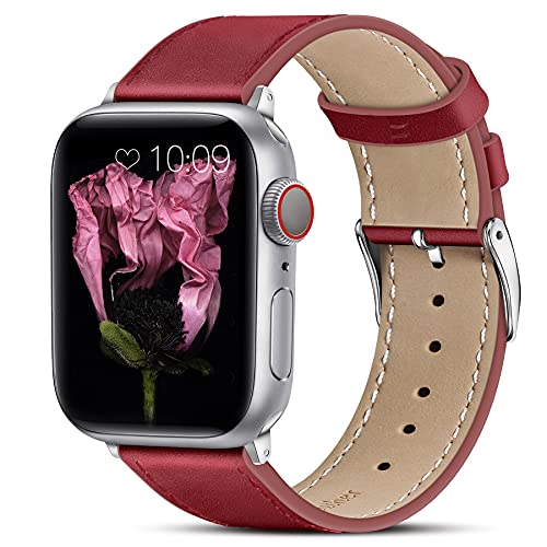 Marge Plus Compatible with Apple Watch Band 42mm 44mm, Genuine Leather Replacement Band Compatible with Apple Watch SE Series 6 5 4 (44mm) Series 3 2 1 (42mm), Red Band/Silver Adapter