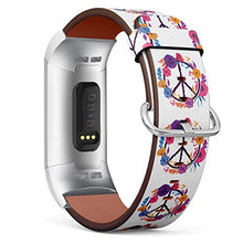 Load image into Gallery viewer, Leather Bracelet Watch Band Strap Replacement Wristband Compatible with Fitbit Charge 3 / Charge 3 SE - Hippie Floral Peace Sign Symbol
