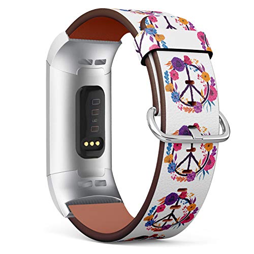 Leather Bracelet Watch Band Strap Replacement Wristband Compatible with Fitbit Charge 3 / Charge 3 SE - Hippie Floral Peace Sign Symbol