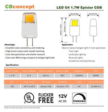 Load image into Gallery viewer, CBconcept UL Listed, G4 LED Light Bulb, 5 Pack, Epistar COB 1.7 Watt, Dimmable, 220 Lumen, Pure White 6000K, 360 degree Beam Angle, 12 Volt, 20W Equivalent, G4 Bi Pin Base Halogen Replacement Bulb

