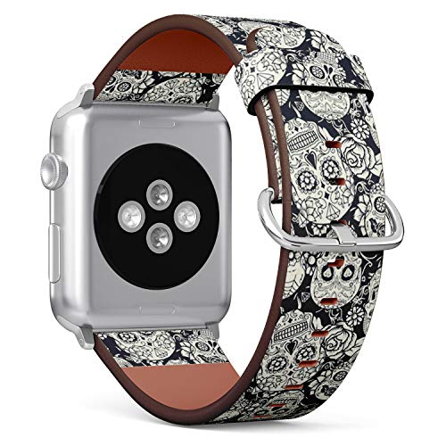 Compatible with Big Apple Watch 42mm, 44mm, 45mm (All Series) Leather Watch Wrist Band Strap Bracelet with Adapters (Day Dead Sugar Skull Floral)