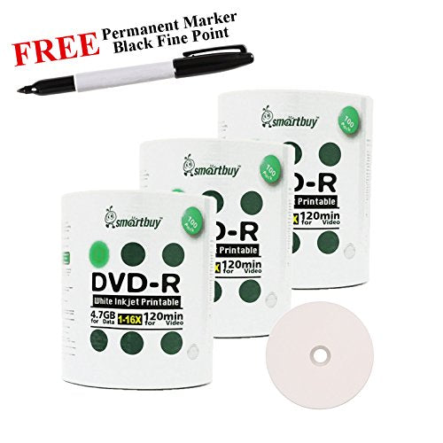 Smartbuy 300-disc 4.7GB/120min 16x DVD-R White Inkjet Hub Printable Blank Media Disc + Black Permanent Marker
