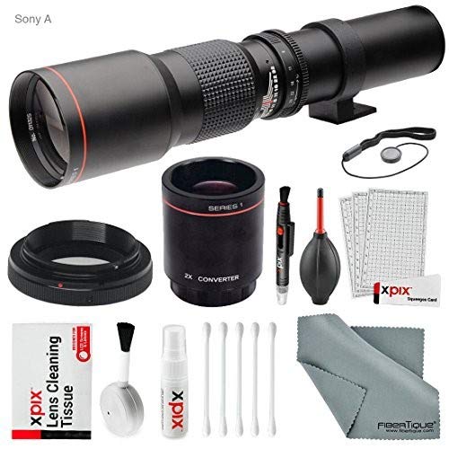 Super-Powered 500mm/1000mm f/8.0 Manual Telephoto Lens (Black) with 2X Professional Multiplier for Sony A Mount Digital SLR Cameras and Deluxe Accessory Bundle with Xpix Cleaning Kit
