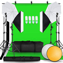 Load image into Gallery viewer, SH 2.6M x 3M/8.5ft x 10ft Background Support System and 4 x 85W 5500K Bulbs, Umbrellas Softbox Continuous Lighting Kit for Photo Studio Product,Portrait and Video Shoot Photography
