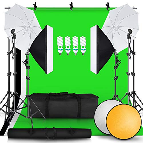 SH 2.6M x 3M/8.5ft x 10ft Background Support System and 4 x 85W 5500K Bulbs, Umbrellas Softbox Continuous Lighting Kit for Photo Studio Product,Portrait and Video Shoot Photography