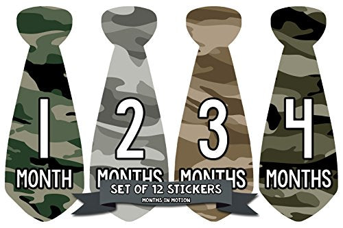 Months In Motion Monthly Baby Tie Stickers - Boy Month Milestone Necktie Sticker - Onesie Month Sticker - Infant Photo Prop for First Year - Shower Gift - Newborn Keepsakes - Camo Camouflage