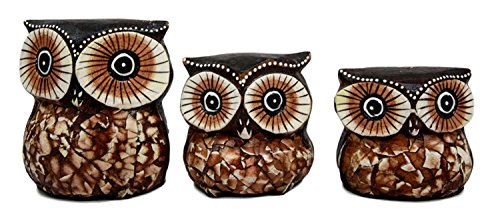 Hand Carved Wood Family of 3 See No Evil, Hear No Evil, Speak No Evil Owls Decor Sculptures NEW Design