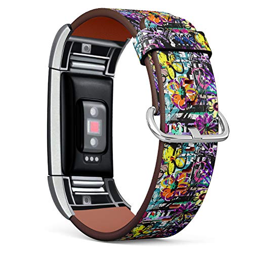 Replacement Leather Strap Printing Wristbands Compatible with Fitbit Charge 2 - Retro Geometric Butterfly Pattern Background with Fitbit Stripes, Flowers, Strokes and Splashes