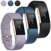 Load image into Gallery viewer, UMAXGET Compatible with Fitbit Charge 2 Bands, 3-Pack Soft Silicone Sport Adjustable Wristband Special Edition with Rose Gold Buckle for Women Men(Large, Black+Lavender+Slate)
