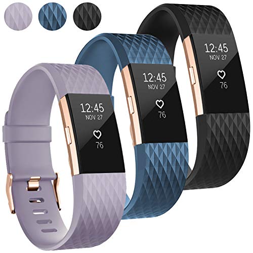 UMAXGET Compatible with Fitbit Charge 2 Bands, 3-Pack Soft Silicone Sport Adjustable Wristband Special Edition with Rose Gold Buckle for Women Men(Large, Black+Lavender+Slate)