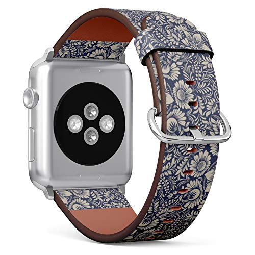 S-Type iWatch Leather Strap Printing Wristbands for Apple Watch 4/3/2/1 Sport Series (38mm) - Baroque Style Blue and Beige Vintage Pattern
