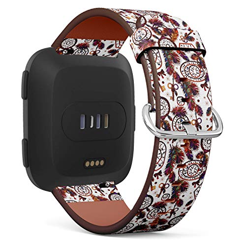 Replacement Leather Strap Printing Wristbands Compatible with Fitbit Versa - Native American Indian Dream Catcher Compatible with Fitbit Tribal Boho Style Pattern