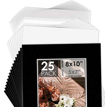 Load image into Gallery viewer, Mat Board Center Premier Acid-Free Pre-Cut 8x10 Black Picture Mat Set. Includes a Pack of 25 White Core Bevel Cut Mattes for 5x7 Photos, Pack of 25 Backers &amp; Clear Bags
