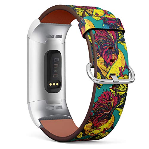 Replacement Leather Strap Printing Wristbands Compatible with Fitbit Charge 3 / Charge 3 SE - Colorful Betta Fish Pattern