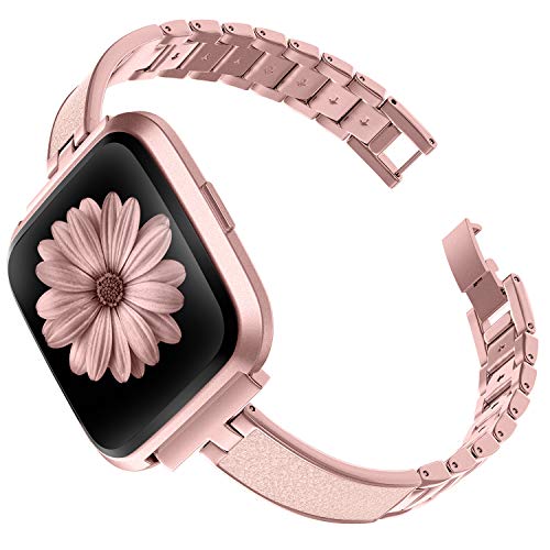 TOYOUTHS Stylish Bracelet Compatible with Fitbit Versa/Versa 2 Bands Women Slim Strap Replacement for Versa Lite Special Edition Stainless Steel Metal+Leather Accessories (Rose Gold+Pink)