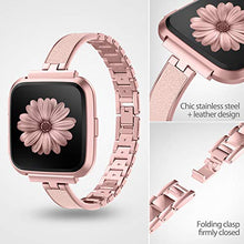 Load image into Gallery viewer, TOYOUTHS Stylish Bracelet Compatible with Fitbit Versa/Versa 2 Bands Women Slim Strap Replacement for Versa Lite Special Edition Stainless Steel Metal+Leather Accessories (Rose Gold+Pink)
