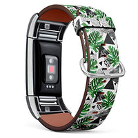 Replacement Leather Strap Printing Wristbands Compatible with Fitbit Charge 2 - Watercolor Tropical Leaves and Textured Triangles