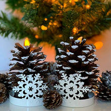 Load image into Gallery viewer, BANBERRY DESIGNS Pine Cone LED Lights Set of 2 Real Pine Cones with Lighted Flameless Candle Brushed with Snow and Each is in a White Snowflake Base
