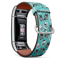 Replacement Leather Strap Printing Wristbands Compatible with Fitbit Charge 2 - Cute cat Illustration on Turquoise Background
