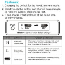 Load image into Gallery viewer, Kastar LCD Dual Smart Fast Charger for Sony NP-F330 NP-F550 NP-F570 and CCD-RV100 CCD-RV200 CCD-SC5 CCD-SC9 CCD-TR1 CCD-TR940 CCD-TR917 Camera CN-126 CN-160 CN-216 CN-304 YN 300 VL600 LED Video Light
