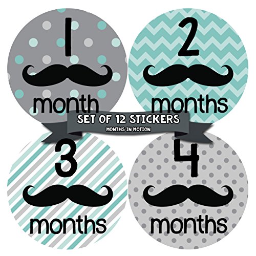 Months in Motion Baby Monthly Stickers - Baby Milestone Stickers - Newborn Boy Stickers - Month Stickers for Baby Boy - Baby Boy Stickers - Newborn Monthly Milestone Stickers - Mustache