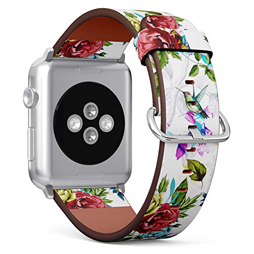 S-Type iWatch Leather Strap Printing Wristbands for Apple Watch 4/3/2/1 Sport Series (38mm) - Floral Pattern with Rose and Hummingbird