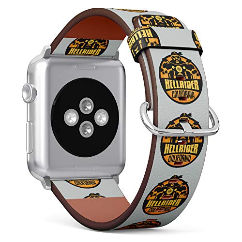 S-Type iWatch Leather Strap Printing Wristbands for Apple Watch 4/3/2/1 Sport Series (38mm) - Biker Riding a Motorcycle with Text Hellrider California