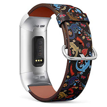 Load image into Gallery viewer, Replacement Leather Strap Printing Wristbands Compatible with Fitbit Charge 3 / Charge 3 SE - Lizards, Leaves, Flowers and Acorns on a Black Background
