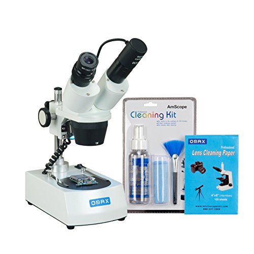 OMAX 10X-20X-30X-60X Cordless Stereo Binocular Microscope with LED Lights and USB Camera and Cleaning Pack