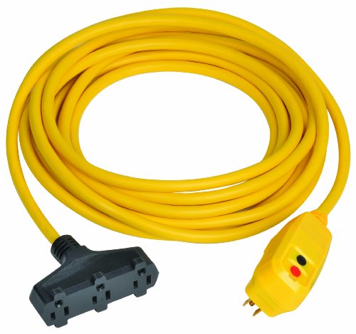 Tower Manufacturing 30334305-01 Auto-Reset 15 AMP Right Angle GFCI Triple Tap Cord, 50 Feet, Yellow