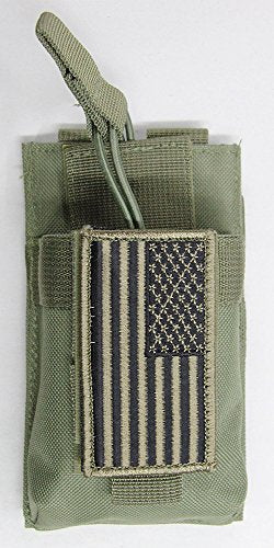 M1Surplus MOLLE Style Green Tactical Radio Pouch + Patriot Flag Morale Patch Fits BF-F8HP UV-5R UF-5RA V2 UV-82HP UV-5X BF-F8+ GT-3 GT-3TP Motorola SL300 XPR-7000E HT Walkie Talkie Ham Radios