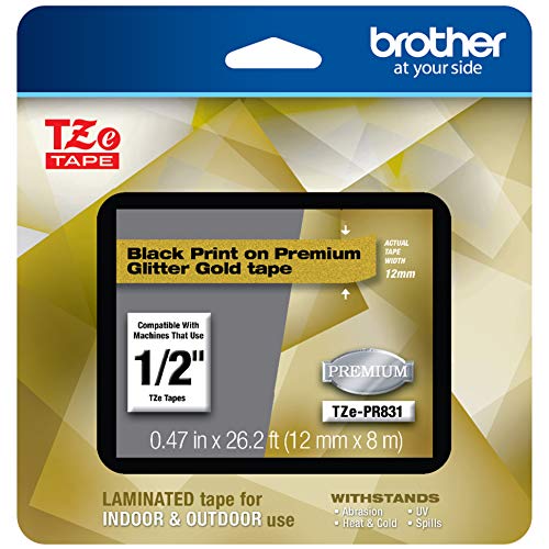 Brother P-touch TZe-PR831 Black Print on Premium Laminated Tape 12mm (0.47) wide x 8m (26.2) long, Glitter Gold, TZEPR831