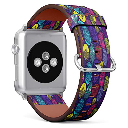 S-Type iWatch Leather Strap Printing Wristbands for Apple Watch 4/3/2/1 Sport Series (38mm) - Colorful Pattern of Ornamental Boho Feathers