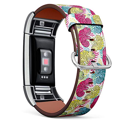Replacement Leather Strap Printing Wristbands Compatible with Fitbit Charge 2 - Colorful Chameleons in Cartoon Style Pattern