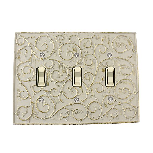 Meriville French Scroll 3 Toggle Wallplate, Triple Switch Electrical Cover Plate, Ivory