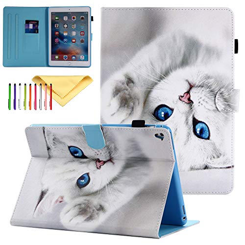 Case for iPad Pro 9.7 Inch 2016, Cookk [Card Slots] [Auto Sleep/Wake] Lightweight Premium PU Leather Folio Stand Cover for Apple iPad Pro 9.7 Inch 2016 Model A1673/A1674/A1675, White Cat