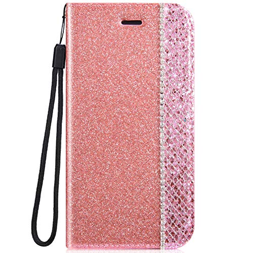IKASEFU Shiny Rhinestone Diamond Sparkle Bling Glitter Luxury Wallet with Card Holder Flash chip Pu Leather Magnetic Flip Case Protective Cover Case Compatible with Samsung Galaxy S7 Edge,Pink