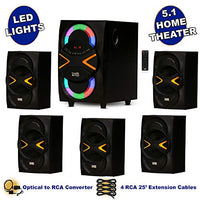 Acoustic Audio AA5210 Home 5.1 Speaker System with Bluetooth, LEDs, FM, Optical Input and 4 Ext. Cables