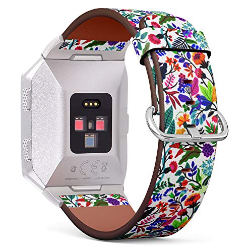 (Floral Pattern with Bright Colorful Flowers and Tropic Leaves) Patterned Leather Wristband Strap for Fitbit Ionic,The Replacement of Fitbit Ionic smartwatch Bands
