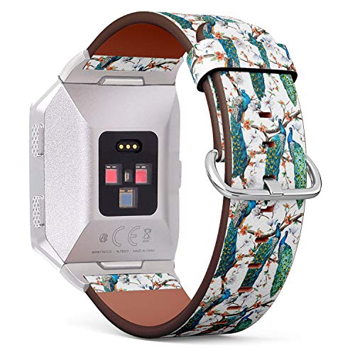 (Watercolor Pattern Peacock Lover and Blooming Cherry Trees) Patterned Leather Wristband Strap for Fitbit Ionic,The Replacement of Fitbit Ionic smartwatch Bands